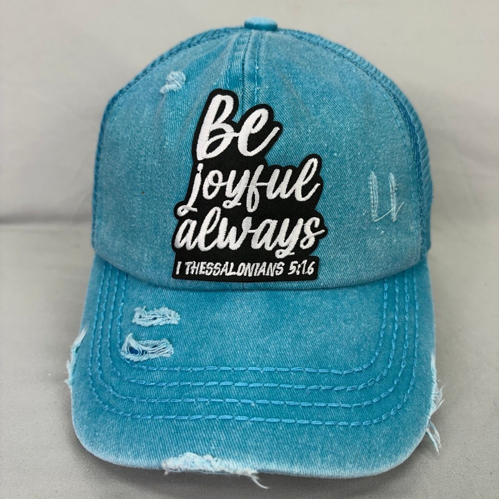 C.C Trucker Hat Be Joyful Always Women OS Blue Distressed Ponytail Cap